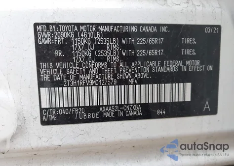 2021 Toyota Rav4 Le z USA, uszkodzony, nr VIN 2T3H1RFV9MC127579